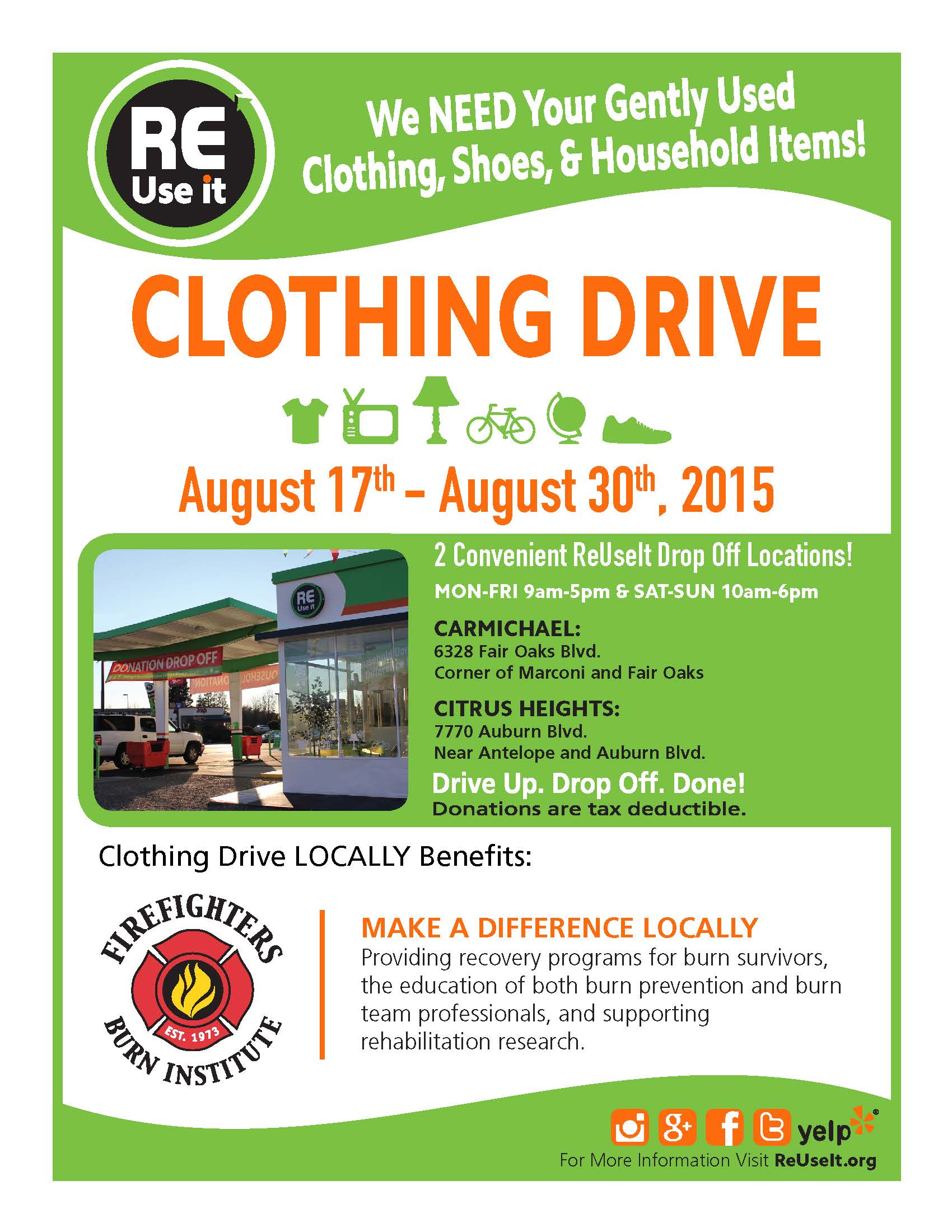 reuseit clothing drive firefighters burn institute flyer for clothing donations